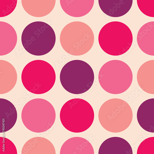 Tile vector pattern with white and pink polka dots on pastel pink background