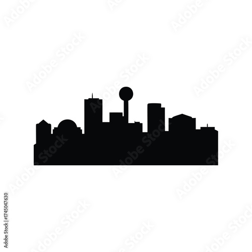 A simple black silhouette of a city skyline with unique buildings