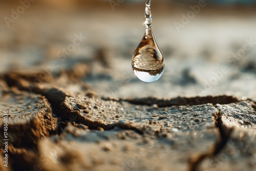 Water Drop Falling onto Cracked Earth in Sunlight