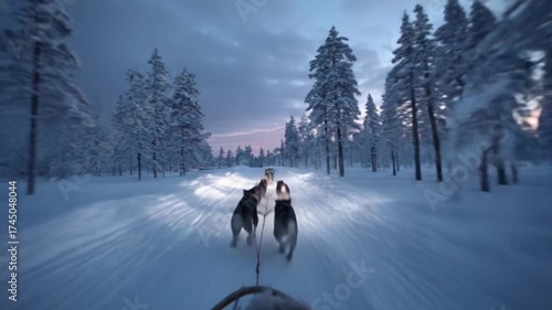 Experience the Thrill of a Winter Journey Through Snowy Forests with a Team of Sleek Huskies, Racing Across the Icy Landscape at Dusk's Gentle Embrace