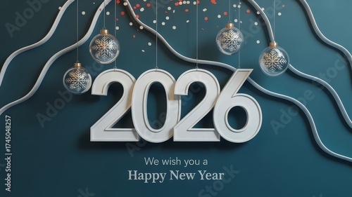 Modern 2026 new year card with 3D white numbers gold snowflake ornaments silver wave lines and red white confetti on teal background