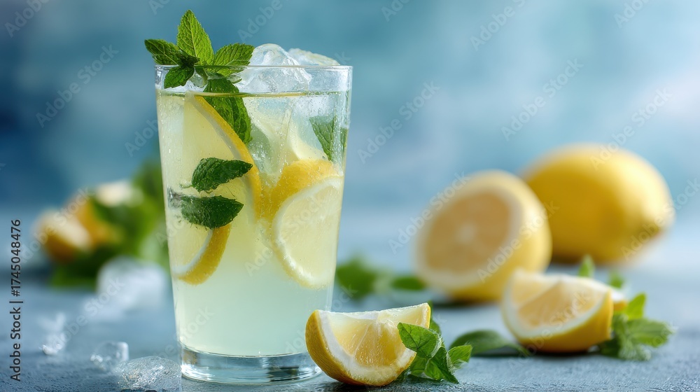 Fototapeta premium Refreshing lemon drink with ice, lemon slices, and mint leaves in a glass.