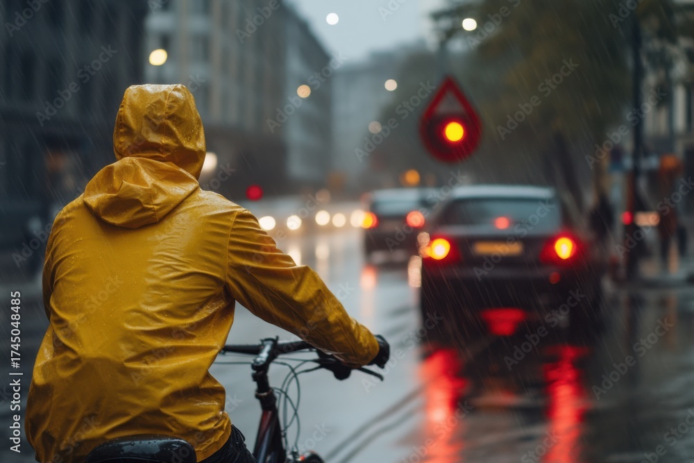 Fototapeta premium Red traffic light cyclist yellow raincoat rainy city