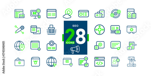 Collection of seo icons in blue and green featuring various web elements silhouette