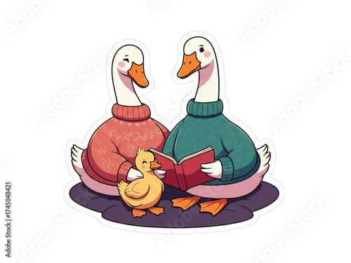Two geese reading a book to a duckling at home