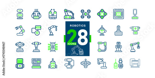 Collection of robotics icons featuring robots and robotic arms in blue and green silhouette