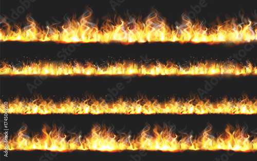 A set of seamless borders with fire flames, glow effects, sparks, and smoke.