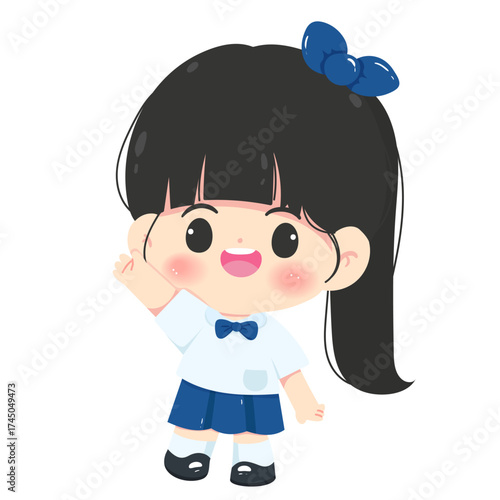 Cheerful Thai student girl in school uniform waving, Cute character for back to school concept
