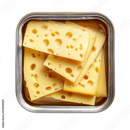 Sliced swiss cheese in a square metal container