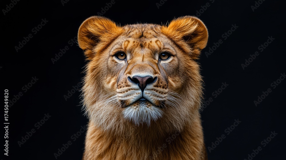 Fototapeta premium A majestic lion gazes at the viewer, showcasing its regal features against a dark backdrop
