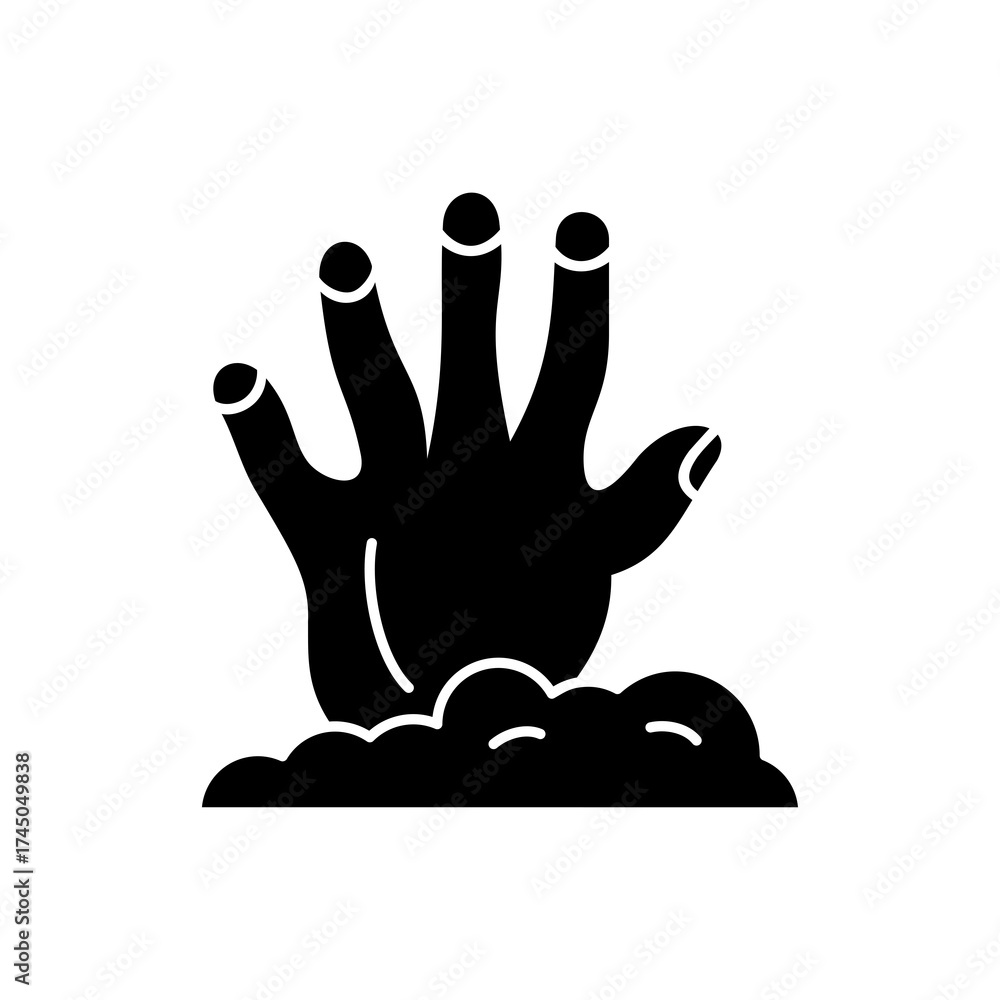 Obraz premium Eerie black silhouette of a hand emerging from the earth, a chilling symbol of the supernatural, mystery, and a dark awakening, perfect for horror and Halloween themes