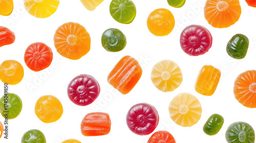 Assortment of colorful fruit flavored gummy candies on a black background