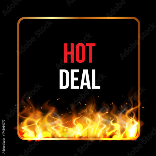Fire frame in shape of square with HOT text, vector golden fiery frame, burning clipping mask border with light effect
