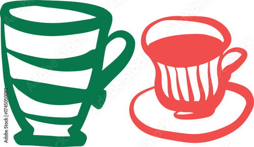 Tea Cups Collection Line Drawing Sketch	