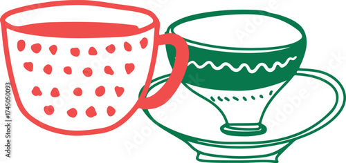 Tea Cups Collection Line Drawing Sketch	