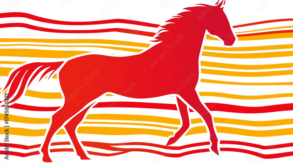 Obraz premium Silhouette of a red horse in motion on a background of wavy red and orange stripes. Minimalist vector design conveying dynamics and energy of movement. Ideal for themes of sports, speed, and abstract 