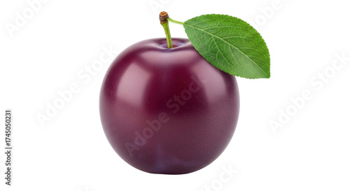 Isolated ripe plum with stem and fresh leaf, smooth skin, healthy raw fruit, still life