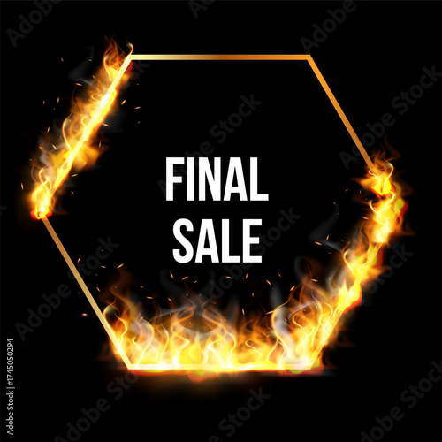 Fire frame in the shape of hexagon, vector golden fiery frame, burning clipping mask border with light effect