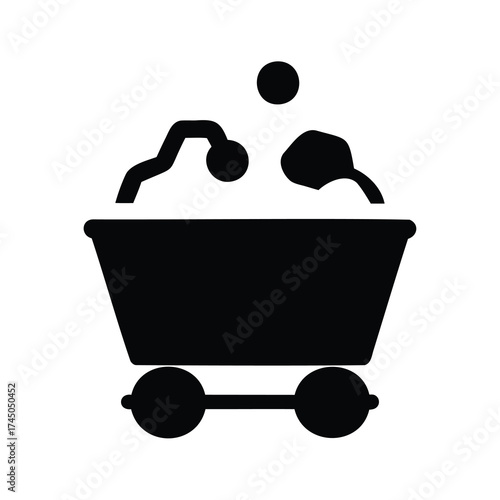 Black silhouette drawing of a mine cart filled with ore on wheels