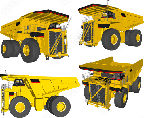 Massive Yellow Mining Dump Truck with Extra Large Heavy Duty Tires and Open Box Bed for Industrial Quarry, Earthmoving, and Construction Equipment Isolated on White Background