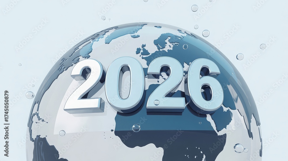 Fototapeta premium Futuristic 2026 design with sleek white numbers metallic silver globe bubbles and pale blue celebration backdrop