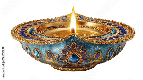 Traditional Diwali diya lamp with burning flame and colorful decorations used for Hindu festival celebration and worship isolated on white background