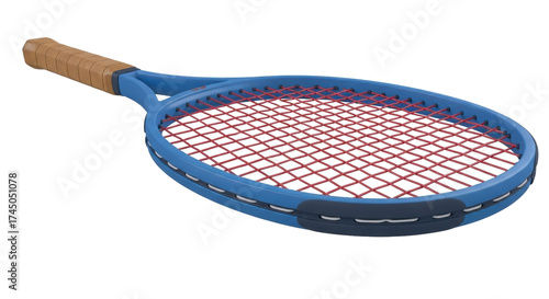 Konstfotografi Isolated tennis racket featuring a blue frame and red strings ready for a match
