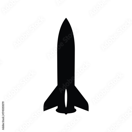 Simple black silhouette of a classic rocket ship design on white background