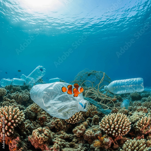 Vibrant coral reef polluted with plastic  disrupting marine life and e