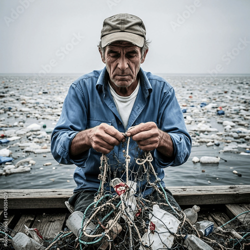 Weathered fisherman untangling plastic debris from net on dilapidated