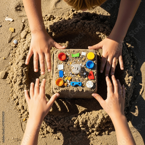 Child building a sandcastle decorated with plastic debris on a pollute