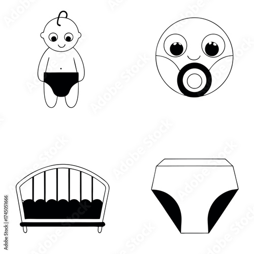 Newborn care icons: baby, pacifier, crib, and diaper. Pregnancy and maternity elements.