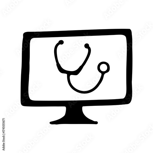 Black and White Cartoon of a Computer Displaying a Stethoscope Illustration