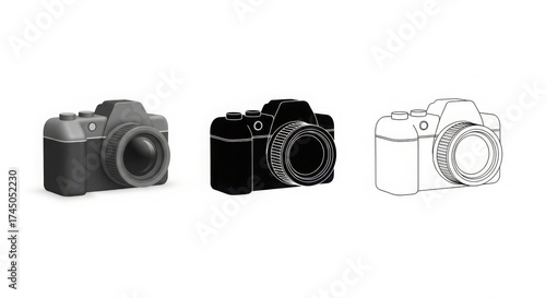 Three distinct camera representations showcasing photography evolution from classic to digital abstract