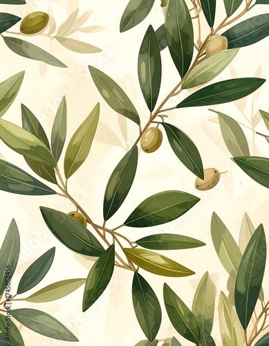 Pattern featuring olive branches with leaves and fruits