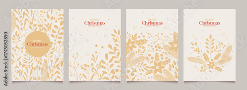 Abstract Christmas template backgrounds with minimalist winter plants, berries, branches and foliage. Modern set of greeting cards, posters with vintage gold decorations. Vector illustration.