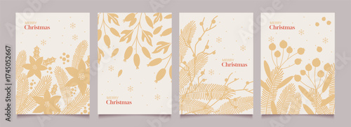 Abstract Christmas template backgrounds with minimalist winter plants, berries, branches and foliage. Modern set of greeting cards, posters with vintage gold decorations. Vector illustration.