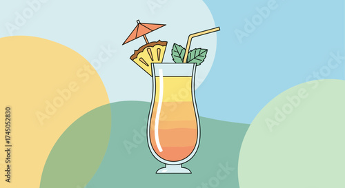 Refreshing Tropical Cocktail Illustration with Pineapple and Umbrella.