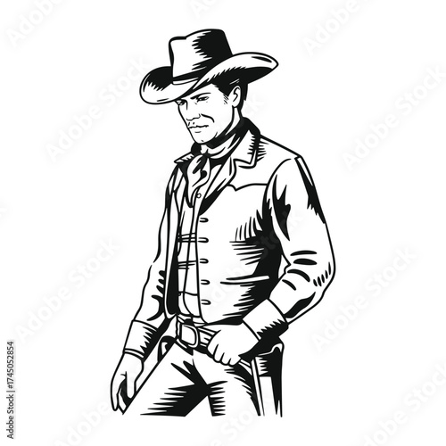 Cowboy vintage hand-drawn illustration, black and white engraving style, retro line art, clean lines, minimal shading, high contrast, isolated on white background