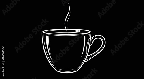 Elegant White Outline of a Steaming Hot Drink Cup.