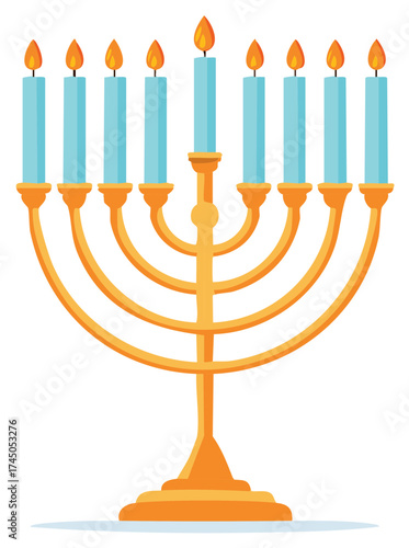 Vibrant stylized illustration of a Menorah with eight candles alight, representing the Festival of Lights.