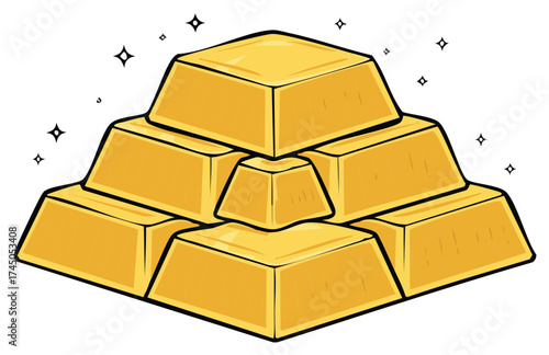 Gold Bars Stacked, Golden Ingots Pyramid Illustration, Fortune Wealth Concept, Treasure, Shiny