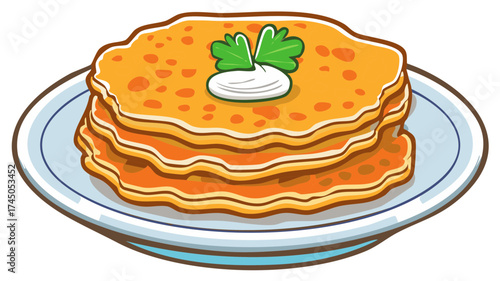 Savory Pancakes Stacked with Cream and Greens on Plate Cartoon Style Breakfast Brunch