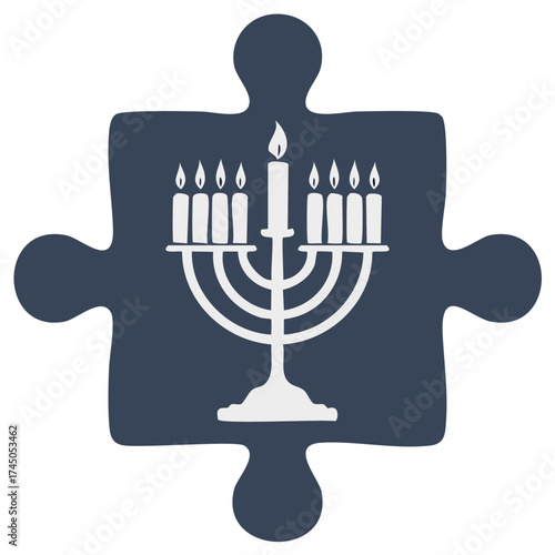 Brightly lit Hanukkah menorah with burning candles on a dark blue jigsaw puzzle piece graphic