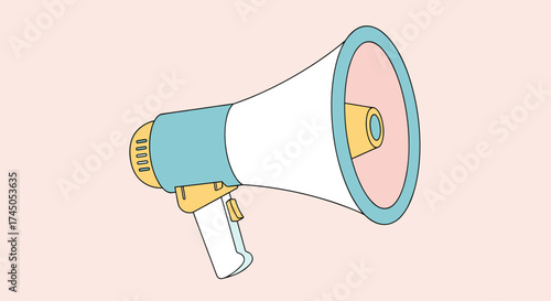 Illustration of a colorful megaphone on a light pink background.