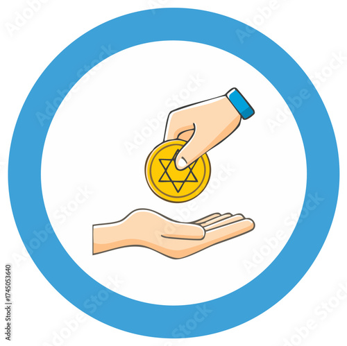 Hand Giving Star of David Coin to Another Hand, Charity and Donations, Blue Border