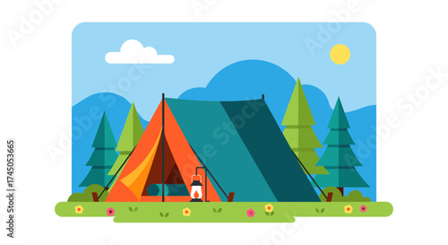 Illustration of a camping tent in a forest setting with mountains and sun.
