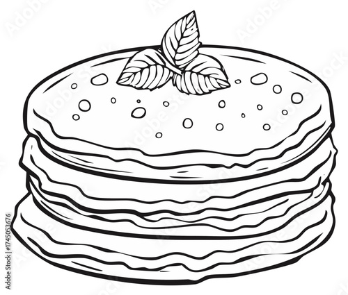 Stacked pancake coloring page with leaf garnish for breakfast, brunch, illustration in simple black and white line art style