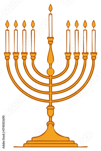 Golden Nine-Branched Menorah with Burning Candles, Religious Symbol of Judaism