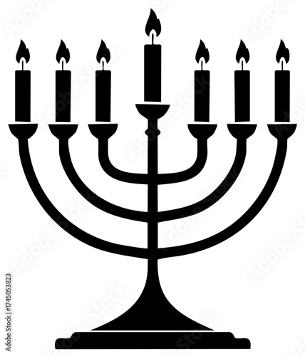 Stylized Black Menorah with Seven Lit Candles